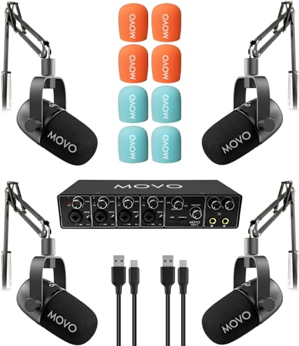 Movo 4-Person Podcast Equipment Bundle – 4-Channel USB Audio Interface, 4 CastMic Dynamic Microphones, 4 Boom Arms – Complete Recording Kit