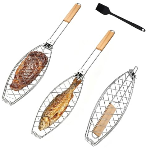 3 x Fisch Grillhalter Große mit Holzgriff mit Griff, 63 x 12 cm Fischbräter Fischgriller aus Metall, Grillfisch Rack Fischgrillzange Fischkorb für BBQ und Grill
