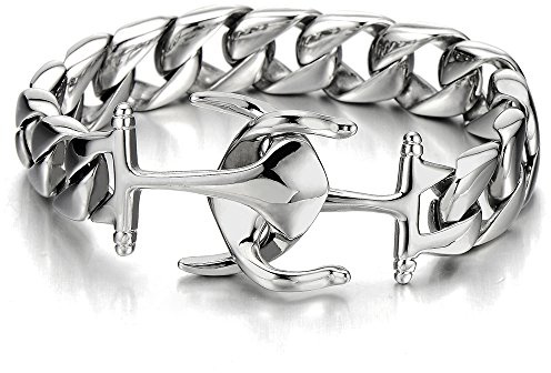 COOLSTEELANDBEYOND Exquisite Stainless Steel Mens Marine Anchor Curb Chain Bangle Bracelet Silver Color Polished