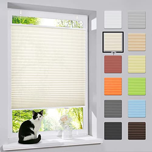 bobodeco Plissee ohne Bohren Klemmfix Faltrollo Jalousie Beige 40x100cm (BxH), Plisseerollo Sichtschutz und Sonnenschutz Blickdicht Easyfix lichtdurchlässig Rollo für Fenster & Tür