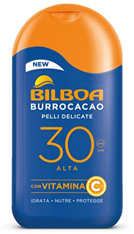 Bilboa Burrocacao Latte SPF 30, Protezione Solare Alta per Pelli Sensibili, Formula con Vitamina C, Idrata, Nutre e Protegge, Dermatologicamente Testato - 200 ml