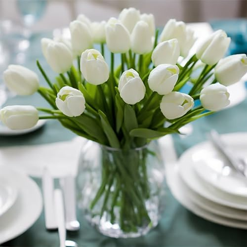 WeTop 30pcs Real Touch Tulips PU Artificial Flowers, Fake Tulips Flowers for Arrangement Wedding Party Easter Spring Home Dining Room Office Decoration. (White)