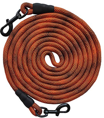 BTINESFUL Tie-Out Check Cord Long Rope Dog Leash, 8ft 12ft 20ft 30ft 50ft Recall Training Lead Leash- Great for Large Medium Small Dogs Training, Playing, Camping, or Backyard (20ft, Orange Black)