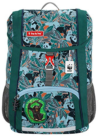 Step by Step Kid Rucksack-Set WWF „Monkeys“, 3-teilig, grün/schwarz/türkis, mit Reflektoren, ergonomisch, für Kindergarten und Freizeit,13 Liter