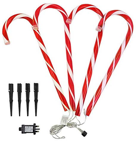 Greenfields 4 Pack Mains Powered Candy Cane Stick Christmas Garden Marker Stake Lights Decoration - Set of 4-52cm Tall Festive Indoor Outdoor Decoration (Red & White)