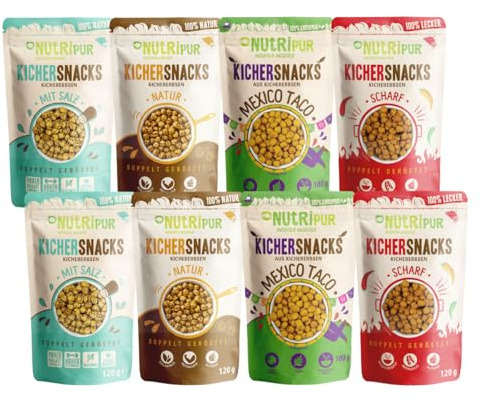Kichererbsen Snacks: 8x Kicher Erbsen Snack aus köstlich gewürztem Kichererbsen Mehl – 4 Sorten Kichersnacks – Salzige Snacks Vegan von NutriPur - 920g