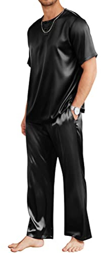 Ekouaer Silk Pajamas for Men Button Down Short Sleeve Satin Pajama Set Classic Pj Sets with Long Pants Black X-Large