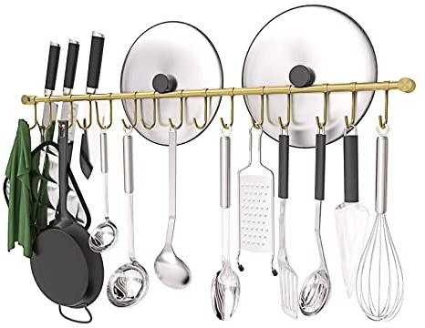 OKEPOO 304 Edelstahl Küchenutensilien-Aufhänger – 76.2 cm Wandhalterung mit 10 geräuschlosen Schiebehaken, Töpfe und Pfannen zum Aufhängen, perfekt für die Organisation von Kochutensilien, goldfarben