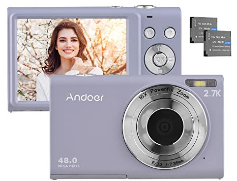 Andoer Digital Camera, 2.7K Digital Small Camera Compact Video Camcorder 48MP Auto Focus 2.88 Inch IPS Screen 16X Zoom Anti-shake Face Detact Smile Capture Built-in LED Fill Light for Kids Teenagers