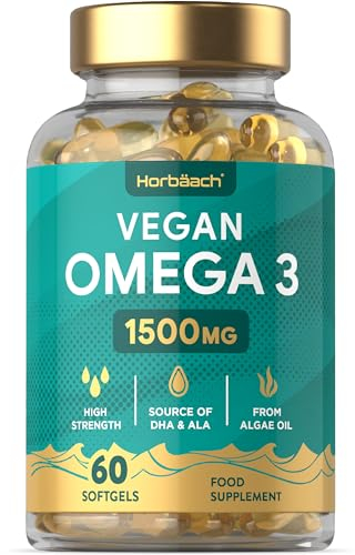 Omega 3 Vegan 1500mg aus Algenöl | 60 Kapseln mit Hochdosiert ALA und DHA pro Portion | Horbaach