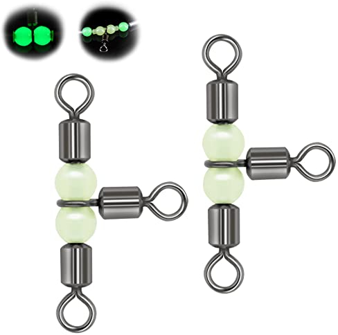 Goture Fishing Swivels,3 Way Swivels Fishing Tackle,T Shape Cross Line Rolling Swivels with Luminous Beads Saltwater Freshwater,Three Way Fishing Swivels Barrel Swivels for Catfish Rig(2/0*1/0,30pcs)