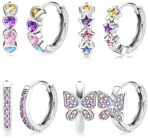 JeweBella 4Paar Ohrringe Silber 925 Mädchen Kinder Kleine Creolen Set | Hypoallergen Ohrringe,Schmetterling Herz Blumen Creolen Ohrringe,Rosa/Lila/Blau/Bunt Zirkonia Ohrringe Kreolen Set,20G