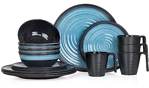Juego de vajilla de melamina para camping, 4 personas, color azul piedra + 4 tazas de piedra tazas de café, vajilla de pícnic, barbacoa