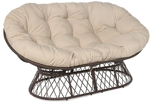 Milliard Double Papasan Chair Loveseat with Beige Cushion and Brown Frame for Indoor and Outdoor Use