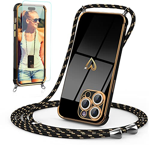 Togestar Handykette Hülle für iPhone 12 Pro Handyhülle mit Band und Schutzfolie, Kameraschutz Herz Love Design 360 Grad Stoßfeste Schutzhülle Silikon TPU mit Kordel zum Umhängen, Schwarz