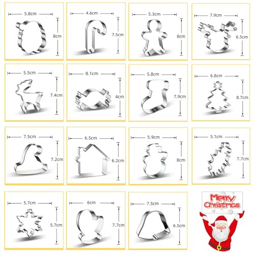 16 Piezas Moldes De Galletas,Cortadores De Galletas De Navidad Cortadores De Galletas De Acero Inoxidable Cortadores De Galletas Navidad Cortador De Galletas Sándwich Para Pastel, Cookie, Fondant