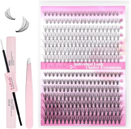 Fadlash Individuella ögonfransar Cluster Lashes Kit 0.07 D Curl 8-16mm 10D + 20D Ögonfransförlängningssats Naturliga klusterfransar med franslim och tätning, pincett Lätt fluffig DIY hemma
