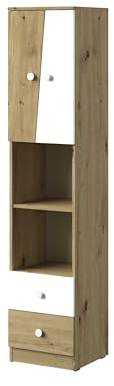 MINIO go for it - Schrank Nantes, 40x190x40 cm, Bücherregal mit 2 Türen, Garderobenschrank mit 2 Schubladen, Standregal mit 3 Einlegeböden, Highboard, Artisan Eiche/Weiss Matt