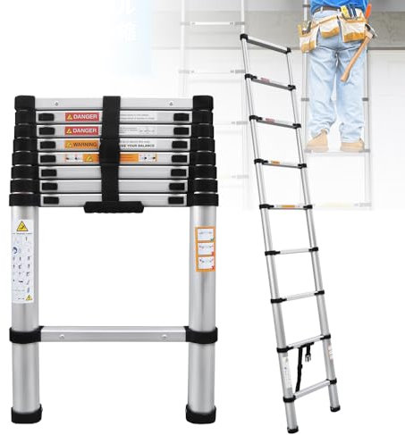 Échelle Télescopique, Échelle Extensible Escabeau Telescopique 2,6M, en Aluminium - Antidérapante - Multi-Usage, Charge maximale : 150 kg