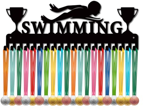 CREATCABIN Schwimm-Medaillenhalter,Medaillenaufhänger,Aufbewahrungsregal,Sportrahmen,Wandmontage,Eisenhaken,Metall-Medaillenaufhänger Zum Aufhängen Über 60 Medaillen,Abzeichen,Sportler,40x15cm