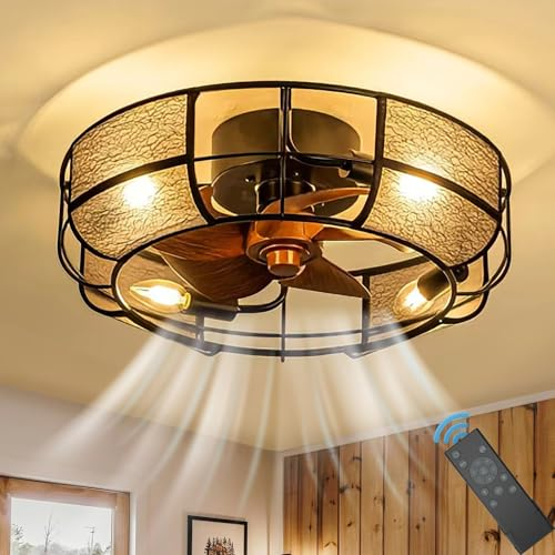 Vintage Deckenventilator mit Beleuchtung und Fernbedienung E27 Retro Fan Deckenleuchte Industrial Eisenkäfig Lampe mit Ventilator Leise für Schlafzimmer Wohnzimmer Esszimmer Lüfter Licht, Schwarz