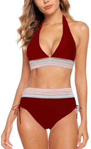 Aidotop Damen Bikini Set Bademode Bauchkontrolle Hohe Taille Bikini Sets Hohe Taille V Ausschnitt Verstellbar Zweiteiliger Badeanzug Swimsuit（4Red，S）