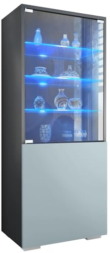 Vitrine Granada, Made in Germany, Vitrinenschrank mit Glastür und Glaseinsatz inkl. LED, Anthrazit matt/Denim matt (50 x 122,5 x 34,5 cm)
