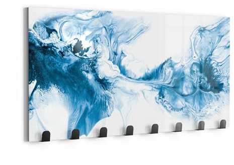 DEQORI Wandgarderobe Glas & Metall | Motiv Blaue Meditation | 60x30 cm | Design Haken-Leiste modern | Garderoben-Paneel für Flur, Wohnzimmer & Schlafzimmer | magnetisch & beschreibbar