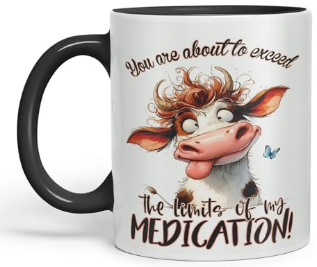 Vixar You are About to exeed, The Limits of My Medication! Joke sarkasm Sarcastic Ceramic Coloured Mug Cup for Tea Coffee Hot Brew 330ml 11Oz Gift (Black)