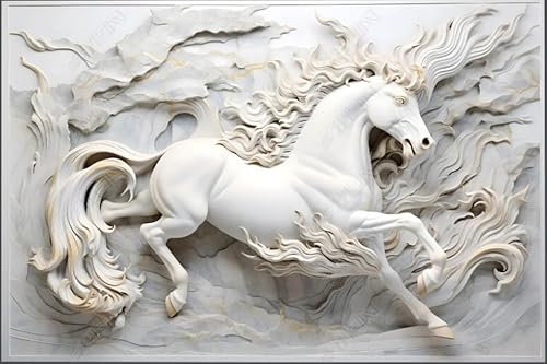 ZYHFDC Papier Peint Panoramique Relief en plâtre du cheval blanc Tableaux Muraux Tapisserie Photo Décoration Murale Salon Chambre 350CM(L)*256CM(H)