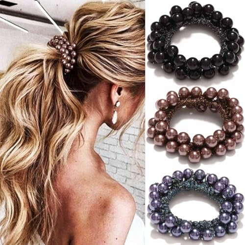 Reaky Coleteros para el pelo con cuentas y perlas para coleta, accesorios para el cabello para mujer (negro)