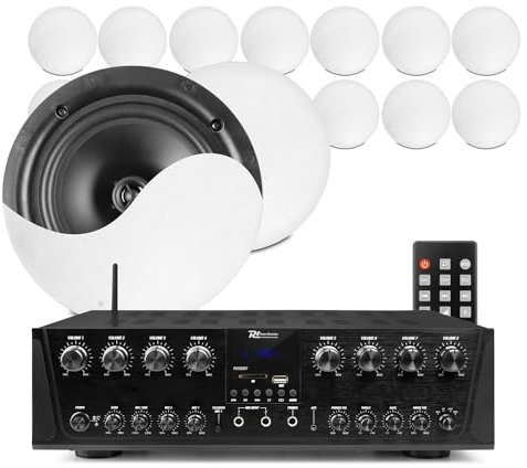Power Dynamics 8-Zone Multi Room Ceiling Speaker System, Home Audio Package with 16x 8 40W 2-Way Coaxial Speakers, Bluetooth, USB/SD MP3, Amplifier Kit