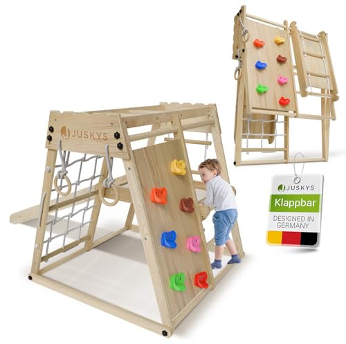 Juskys Mini Klettergerüst für Kinder - Indoor Spielplatz mit Rutsche, Kletterwand, Kletternetz & Turnringe - Holz Kletterturm klappbar - Natur