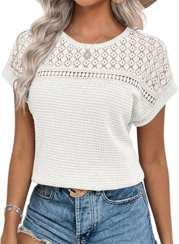 Chicrise Women Tops Loose Fit Crochet Blouse Batwing Sleeve Soft Tunic Breathable Solid White X Large 20-22 XL
