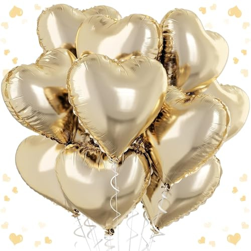 Herz Folienballon Gold, 18 Zoll Herzluftballons Hochzeit Gold, Herz Luftballon Helium, Herzen Folien Ballons Party Dekoration für Geburtstag Hochzeitsfeier Anniversary Valentinstag,Goldene Luftballons
