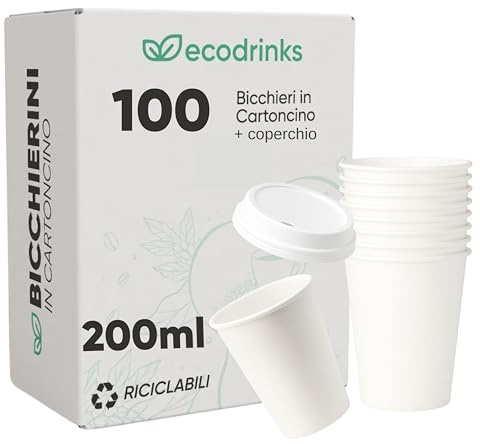 ecodrinks - 100 Bicchieri di Carta con Coperchio di Plastica da 210ml - Per Caffè Lungo, Espresso, Ginseng, Acqua o Cocktail - Adatti all'Uso Domestico, Bar, Uffici e Eventi