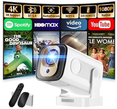 Mini proiettore 4K 1080P Bluetooth5.2 WiFi 6 con proiettore Android 11 4k home cinema 180° girevole Proyector con HDMI per Android/PC/HDMI/USB, bianco