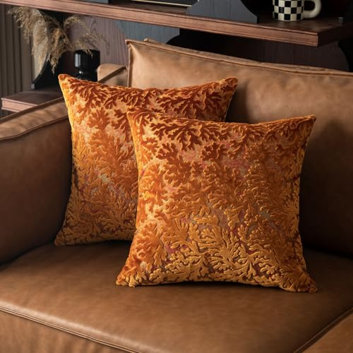 VENTARASIL Velvet Throw Pillow Covers 18x18 Inch - Orange Textured Double Sided Coral Pattern with Gold Embroidery, Vintage Inspired Luxury Decorative Square Cushion Cases for Sofa, Couch, Bed, Chair