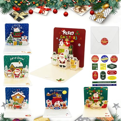 Xcdhemde® Set di 6 Biglietti d'Auguri di Natale 3D Pop-up, con Buste e Adesivi, Cartoline Piegevoli per Regalo a Bambini e Famiglia