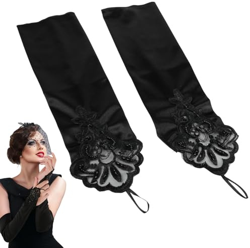 JiaHeHe Guantes largos para mujer, guantes de encaje retro sin dedos, negros, elegantes, de satén, 42 cm, para ópera, baile, boda, fiesta, vintage, elásticos, para ocasiones formales