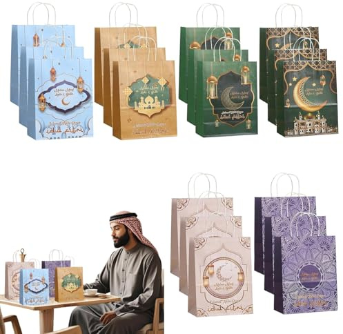 Eid Mubarak Tüten, 18er Set, 6 verschiedene Designs, 21x15x8 cm – Perfekte Geschenkverpackung für Ramadan und Feierlichkeiten