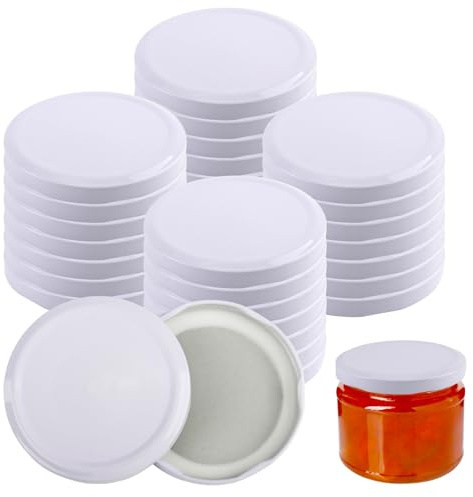 Vaskula 30 Pièces Couvercle Pot Confiture Blanc Couvercles To 82mm Rondes Couvercles Twist Off en Métal avec 6 Dents de Colonne Montante Couvercle Bocaux pour Pots de Confiture Bocaux à Miel