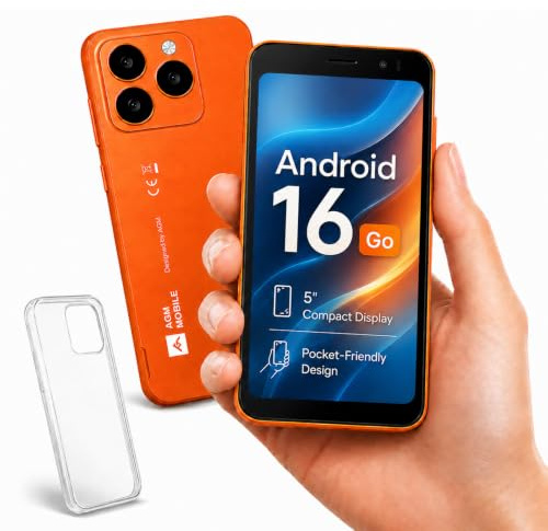 AGM N2 SIM Free Mobile Phone, Android 16 Go, 4G LTE Dual SIM, Pocket-Sized | 5.0 Mini Cheap Smartphone, Face Unlock, 3GB+32GB (256GB Expand), 3000mAh Removable Battery, IP54, Case Included, Orange