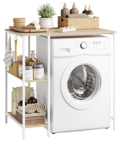 EUGAD Mueble Baño sobre Lavadora, Estanteria Secadora con 2 Estantes Laterales de Montaje al Revés, con 2 Ganchos y 1 Estante Ajustable, para Espacio Reducido,90 x 60 x 91 cm, Roble Claro+Blanco