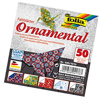 folia 490/1010 - Faltblätter Ornamental, 10 x 10 cm, 80 g/qm, 50 Blatt Sortiert in 5 Motiven - ideal für wunderschöne Faltfiguren und -Formen