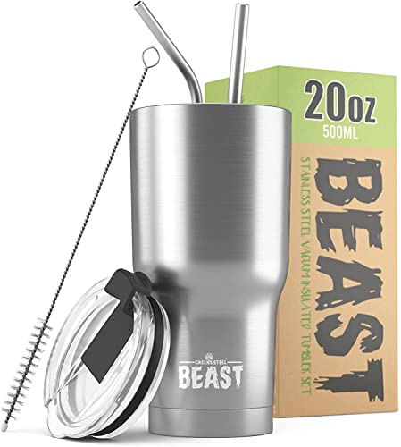 Greens Steel Beast Tumbler – 550 ml (20 oz), Plateada | Vaso de acero inoxidable reutilizable con aislamiento al vacío | con 2 pajitas y cepillo de limpieza | Termo de viaje de doble pared