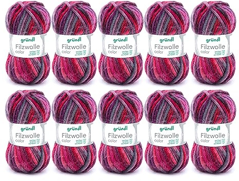 Gründl Wolle Filzwolle color 10 Knäuel 50 g, lila-bordeaux | Dicke Wolle zum Filzen in der Waschmaschine - Strickgarn zum Filzen - 100 % Schurwolle - 50 g /50 m -Nadelstärke 8-9