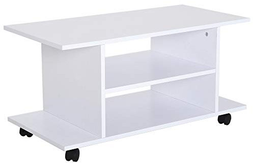 HOMCOM Meuble TV avec roulettes pivotantes, Banc TV en Bois avec étagères, Support télé pour télévision jusqu'à 42 Pouces, Style Contemporain pour Salon Chambre et Bureau, 80 x 40 x 40 cm, Blanc