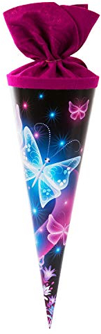 goldbuch 93 062 Geschwistertüte Schmetterlinge, Schultüte mit Schmetterlingsmotiv, Lackkarton, Geschenkverpackung, pinker Filzverschluss (ohne Verschlussband), Zuckertüte rund, Länge 35 cm, Ø 11,5 cm