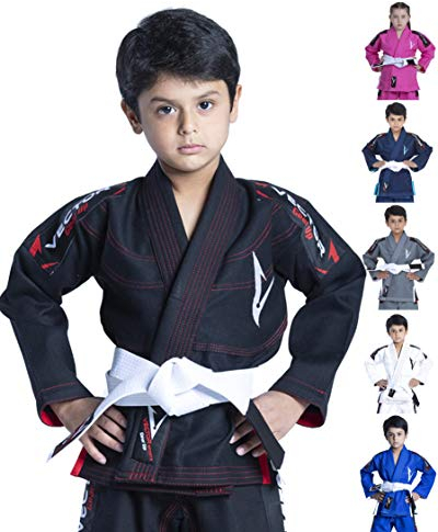 Vector Kids Brazilian Jiu Jitsu (BJJ) Gi mit gratis weißem Gürtel, 100% Baumwolle, Pearl-Weave-gewebter Kimono, Ultra leicht, vorgeschrumpft, Schwarz, K0